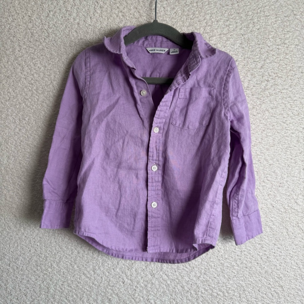Janie and Jack Baby Boy 100% Linen Purple Button Down Shirt Size 2T